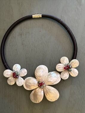 Iridescent Mother-of-Pearl Floral Necklace with Black Band